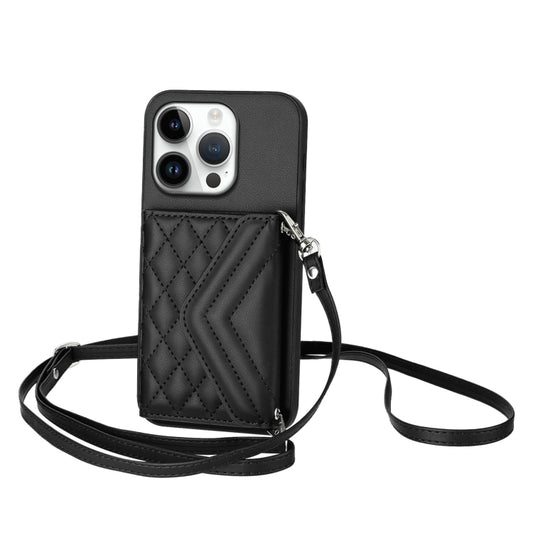For iPhone 16 Pro Rhombic Texture Card Bag RFID Phone Case with Long Lanyard(Black) by buy2fix