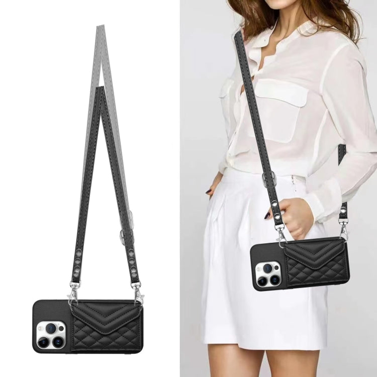 For iPhone 16 Pro Rhombic Texture Card Bag RFID Phone Case with Long Lanyard(Black) by buy2fix