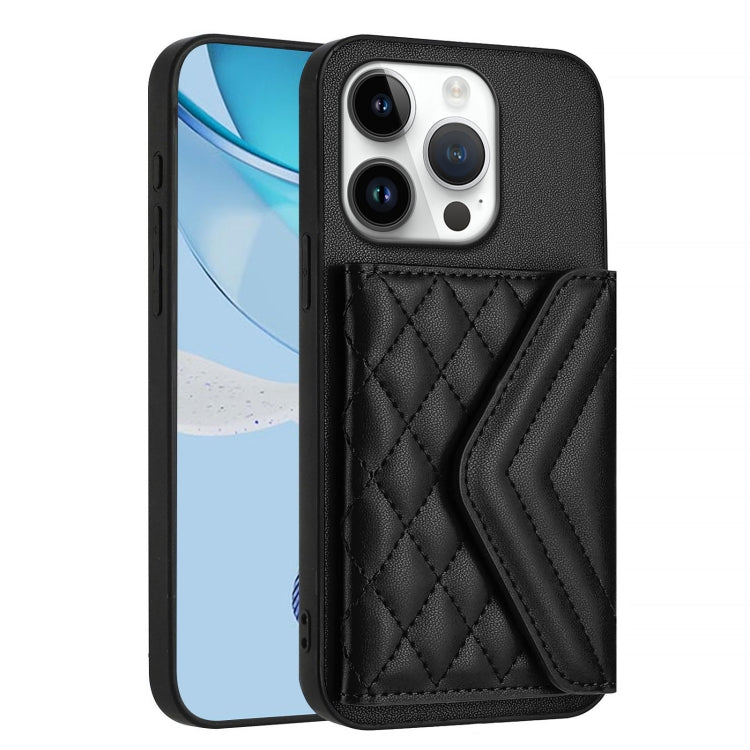 For iPhone 16 Pro Rhombic Texture Card Bag RFID Phone Case with Long Lanyard(Black) by buy2fix