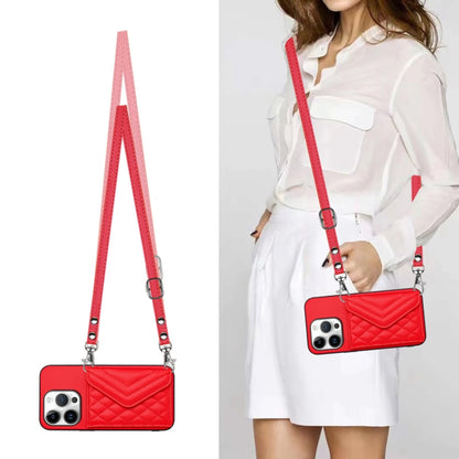 For iPhone 16 Pro Rhombic Texture Card Bag RFID Phone Case with Long Lanyard(Red) by buy2fix
