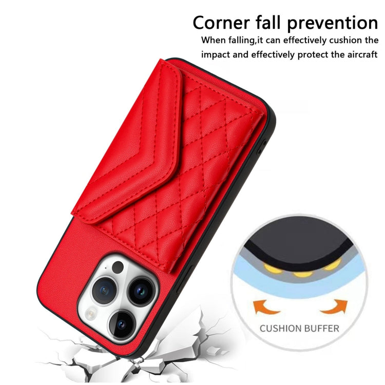For iPhone 16 Pro Rhombic Texture Card Bag RFID Phone Case with Long Lanyard(Red) by buy2fix