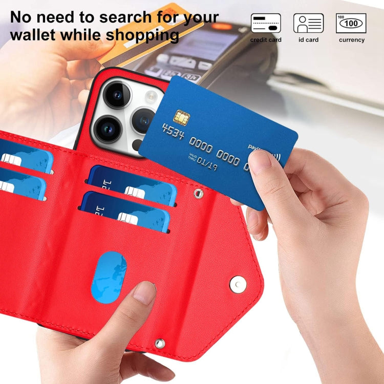 For iPhone 16 Pro Rhombic Texture Card Bag RFID Phone Case with Long Lanyard(Red) by buy2fix