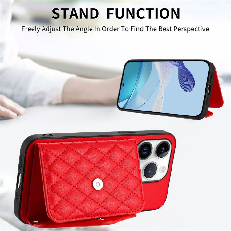 For iPhone 16 Pro Rhombic Texture Card Bag RFID Phone Case with Long Lanyard(Red) by buy2fix