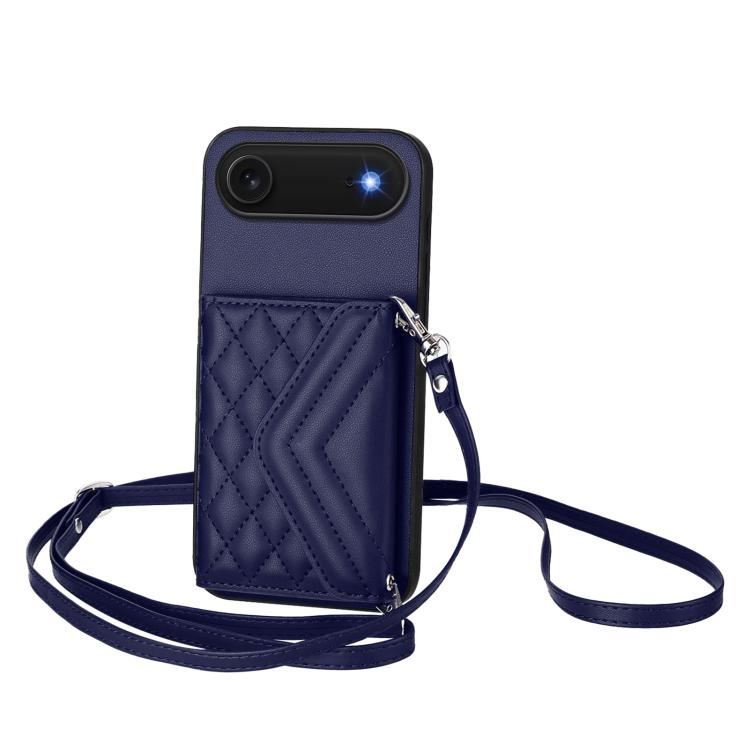 For iPhone Air Rhombic Texture Card Bag RFID Phone Case with Long Lanyard(Blue) - iPhone Air Cases by buy2fix | Online Shopping UK | buy2fix