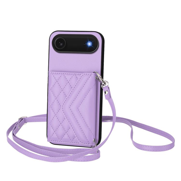 For iPhone Air Rhombic Texture Card Bag RFID Phone Case with Long Lanyard(Light Purple) - iPhone Air Cases by buy2fix | Online Shopping UK | buy2fix