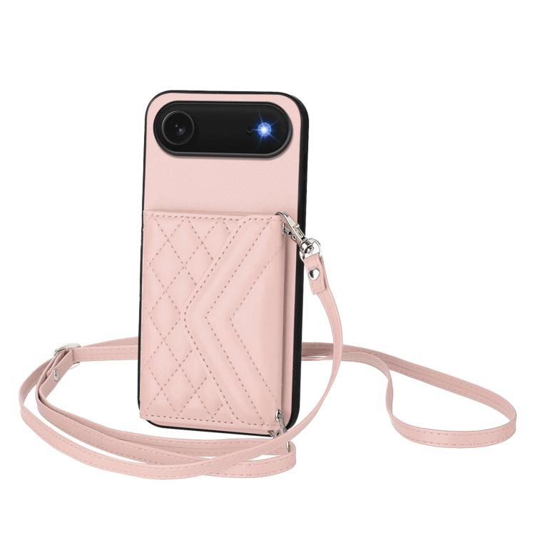 For iPhone Air Rhombic Texture Card Bag RFID Phone Case with Long Lanyard(Rose Gold) - iPhone Air Cases by buy2fix | Online Shopping UK | buy2fix
