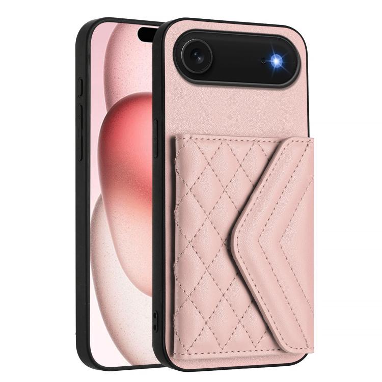 For iPhone Air Rhombic Texture Card Bag RFID Phone Case with Long Lanyard(Rose Gold) - iPhone Air Cases by buy2fix | Online Shopping UK | buy2fix