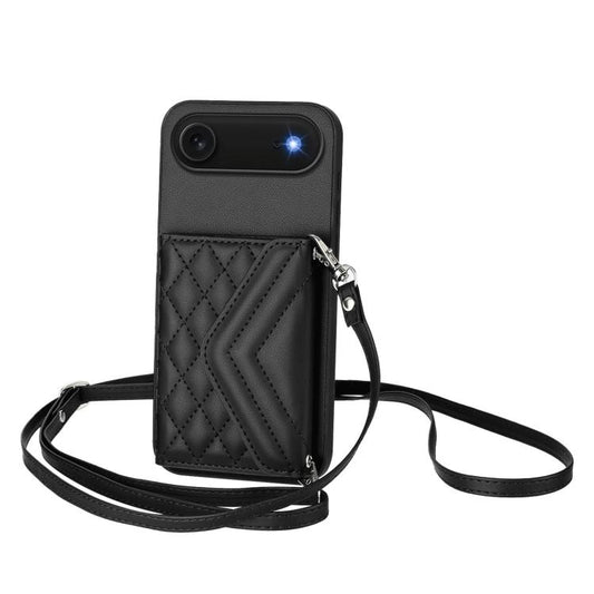 For iPhone Air Rhombic Texture Card Bag RFID Phone Case with Long Lanyard(Black) - iPhone Air Cases by buy2fix | Online Shopping UK | buy2fix