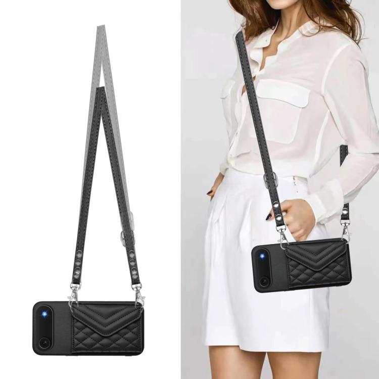 For iPhone Air Rhombic Texture Card Bag RFID Phone Case with Long Lanyard(Black) - iPhone Air Cases by buy2fix | Online Shopping UK | buy2fix