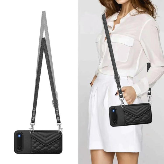 For iPhone Air Rhombic Texture Card Bag RFID Phone Case with Long Lanyard(Black) - iPhone Air Cases by buy2fix | Online Shopping UK | buy2fix