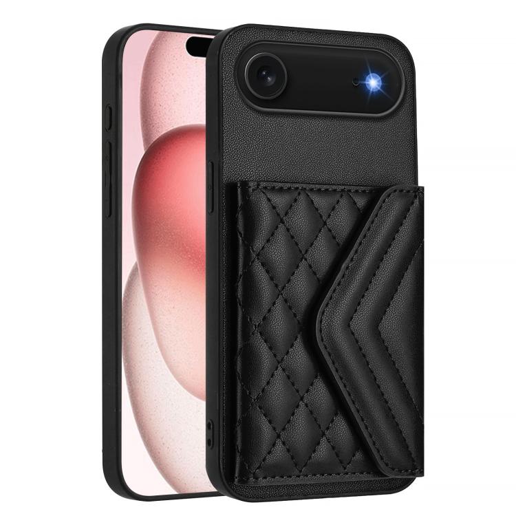 For iPhone Air Rhombic Texture Card Bag RFID Phone Case with Long Lanyard(Black) - iPhone Air Cases by buy2fix | Online Shopping UK | buy2fix