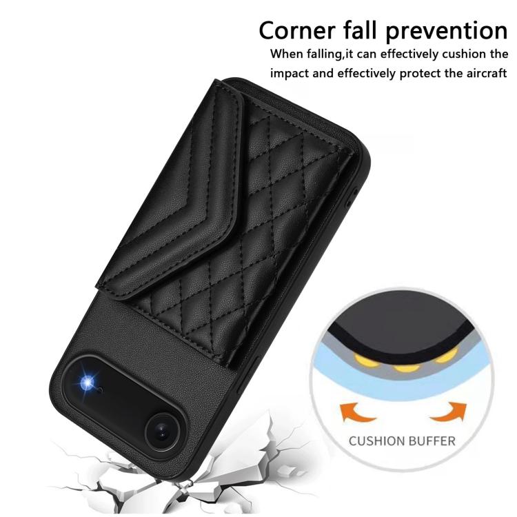 For iPhone Air Rhombic Texture Card Bag RFID Phone Case with Long Lanyard(Black) - iPhone Air Cases by buy2fix | Online Shopping UK | buy2fix