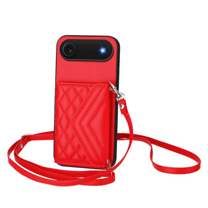 For iPhone Air Rhombic Texture Card Bag RFID Phone Case with Long Lanyard(Red) - iPhone Air Cases by buy2fix | Online Shopping UK | buy2fix