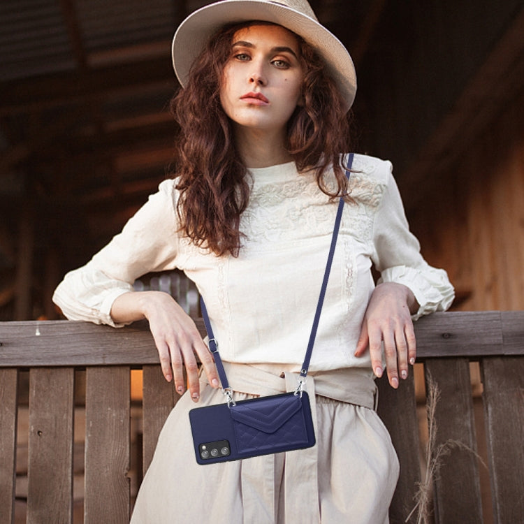 For Samsung Galaxy S20 FE Rhombic Texture Card Bag RFID Phone Case with Long Lanyard(Blue) by buy2fix