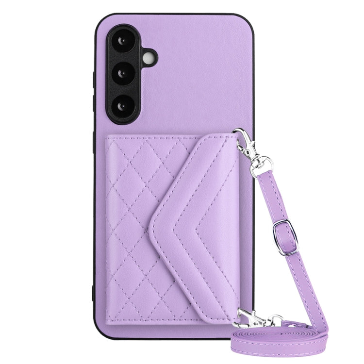 For Samsung Galaxy S23 FE 5G Rhombic Texture Card Bag RFID Phone Case with Long Lanyard(Light Purple) by buy2fix