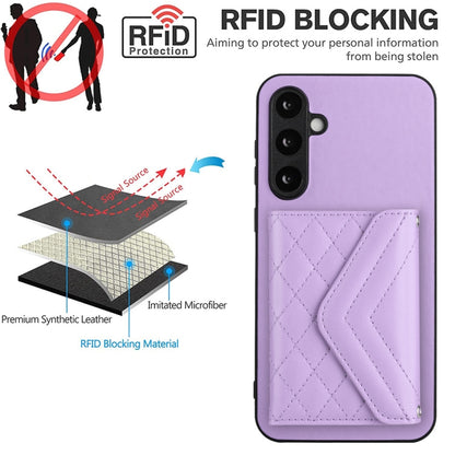 For Samsung Galaxy S23 FE 5G Rhombic Texture Card Bag RFID Phone Case with Long Lanyard(Light Purple) by buy2fix