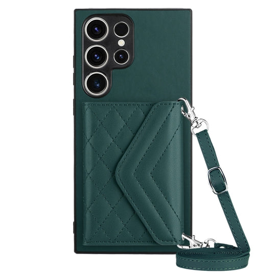For Samsung Galaxy S23 Ultra 5G Rhombic Texture Card Bag RFID Phone Case with Long Lanyard(Green)
