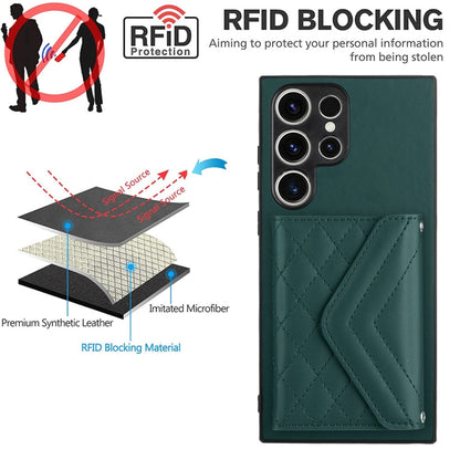 For Samsung Galaxy S23 Ultra 5G Rhombic Texture Card Bag RFID Phone Case with Long Lanyard(Green) - Galaxy S23 Ultra 5G Cases by buy2fix | Online Shopping UK | buy2fix