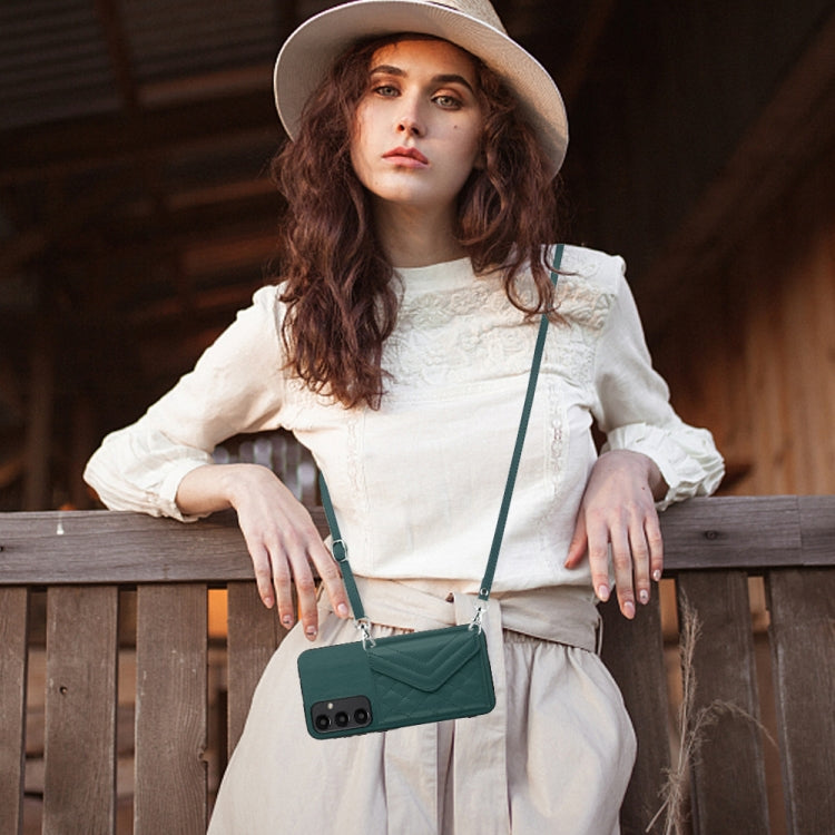 For Samsung Galaxy A55 Rhombic Texture Card Bag RFID Phone Case with Long Lanyard(Green) by buy2fix