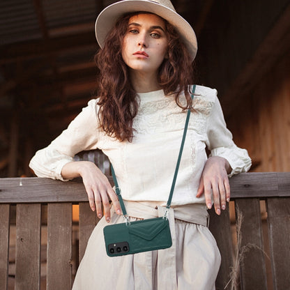 For Samsung Galaxy A55 Rhombic Texture Card Bag RFID Phone Case with Long Lanyard(Green) by buy2fix