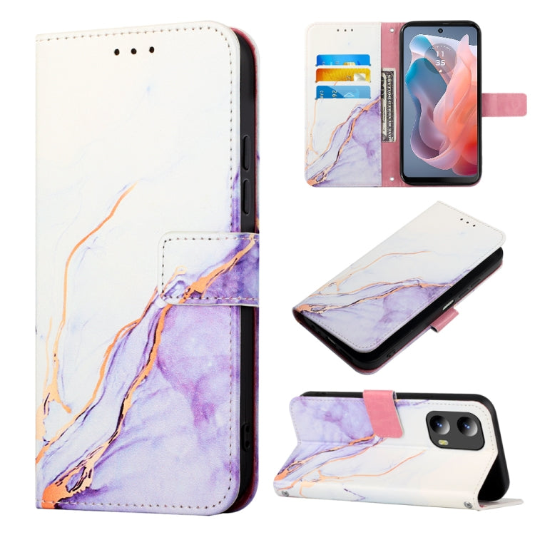 For Motorola Moto G Play 5G 2024 PT003 Marble Pattern Flip Leather Phone Case(White Purple) by buy2fix
