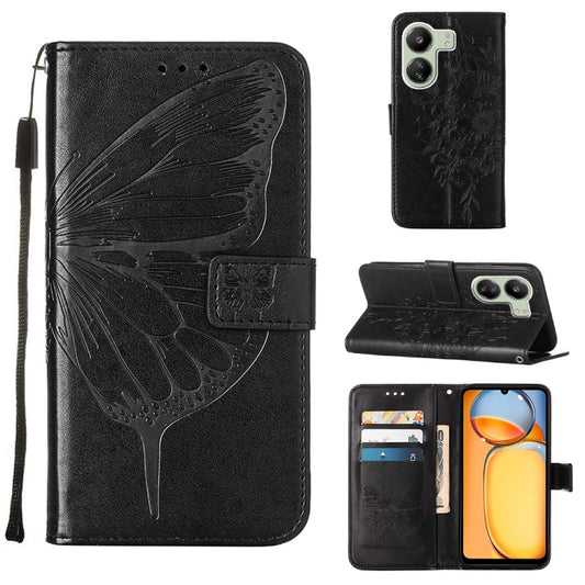 For Xiaomi Redmi 13C Embossed Butterfly Leather Phone Case(Black) by buy2fix