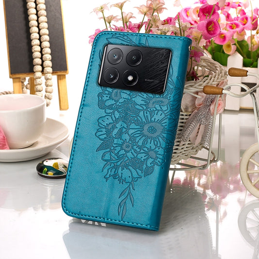 For Xiaomi Redmi K70E Embossed Butterfly Leather Phone Case(Blue) - Xiaomi Cases by buy2fix | Online Shopping UK | buy2fix