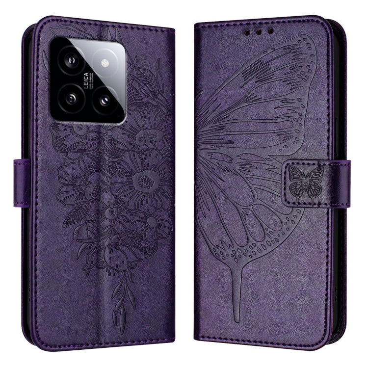For Xiaomi 14 5G Global Embossed Butterfly Leather Phone Case(Dark Purple) - Xiaomi Cases by buy2fix | Online Shopping UK | buy2fix