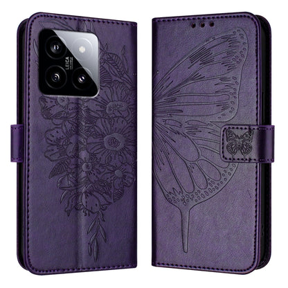 For Xiaomi 14 5G Global Embossed Butterfly Leather Phone Case(Dark Purple) - Xiaomi Cases by buy2fix | Online Shopping UK | buy2fix