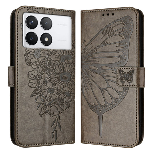For Xiaomi Redmi K70 / K70 Pro Embossed Butterfly Leather Phone Case(Grey) - Xiaomi Cases by buy2fix | Online Shopping UK | buy2fix