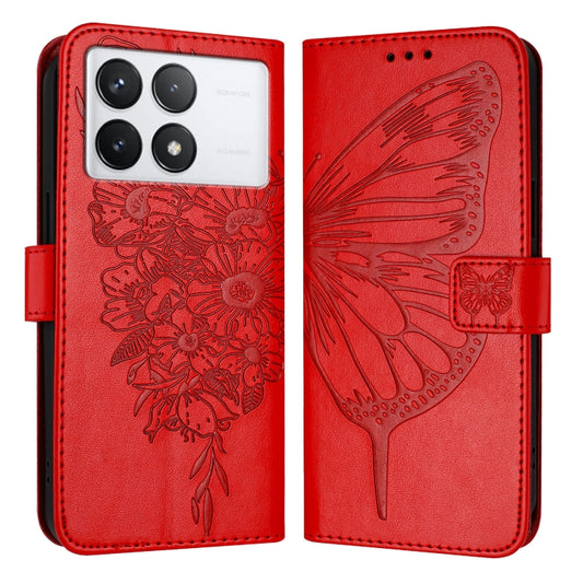 For Xiaomi Redmi K70 / K70 Pro Embossed Butterfly Leather Phone Case(Red) - Xiaomi Cases by buy2fix | Online Shopping UK | buy2fix