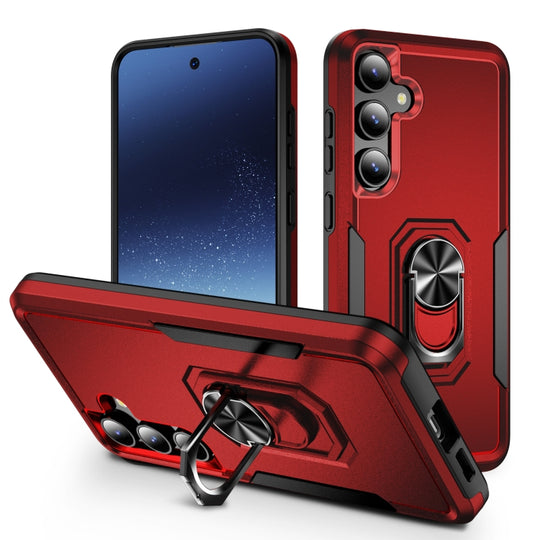 For Samsung Galaxy S24 5G Pioneer Armor Heavy Duty PC Hybrid TPU Phone Case with Holder(Red+Black)