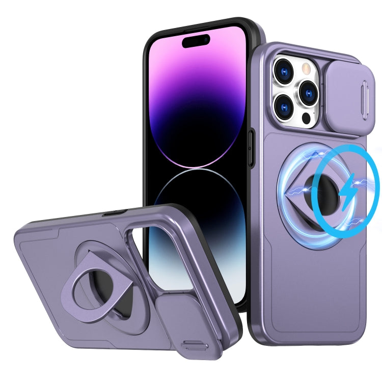 For iPhone 14 Pro Camshield MagSafe Ring Holder Armor Phone Case(Purple) - iPhone 14 Pro Cases by buy2fix | Online Shopping UK | buy2fix