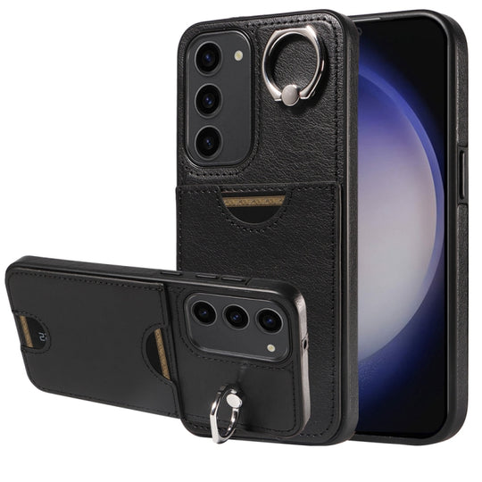 For Samsung Galaxy S23 5G Calf Texture Card Slot Ring Holder Phone Case(Black)