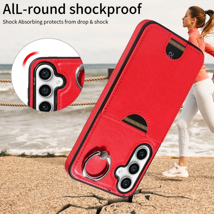 For Samsung Galaxy S23 FE 5G Calf Texture Card Slot Ring Holder Phone Case(Red) by buy2fix