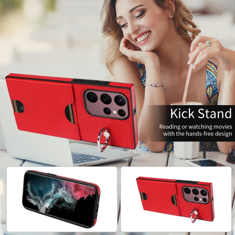 For Samsung Galaxy S22 Ultra 5G Calf Texture Card Slot Ring Holder Phone Case(Red) by buy2fix