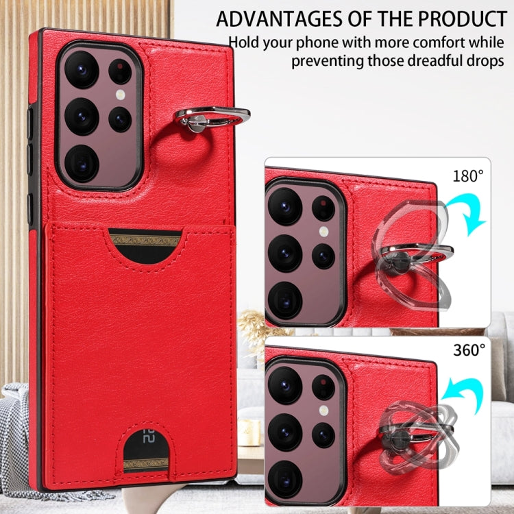 For Samsung Galaxy S22 Ultra 5G Calf Texture Card Slot Ring Holder Phone Case(Red) by buy2fix