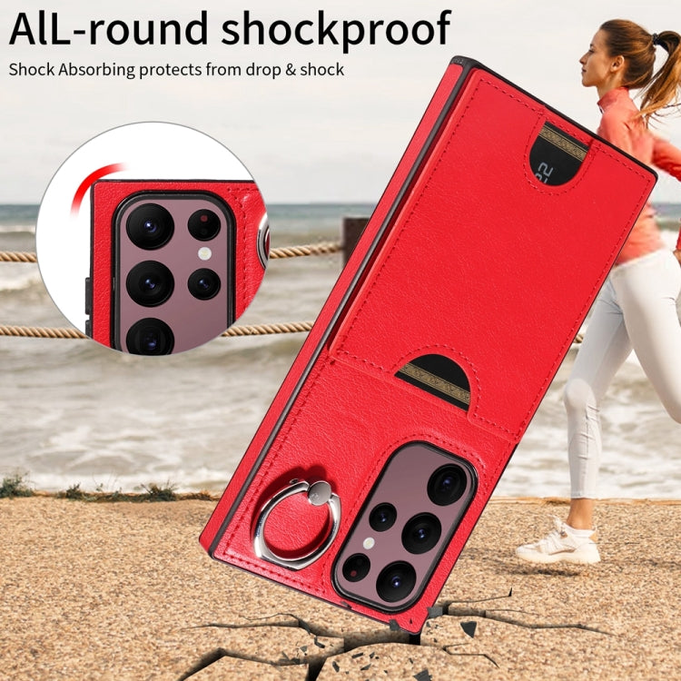 For Samsung Galaxy S22 Ultra 5G Calf Texture Card Slot Ring Holder Phone Case(Red) by buy2fix