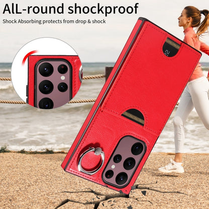 For Samsung Galaxy S22 Ultra 5G Calf Texture Card Slot Ring Holder Phone Case(Red) by buy2fix