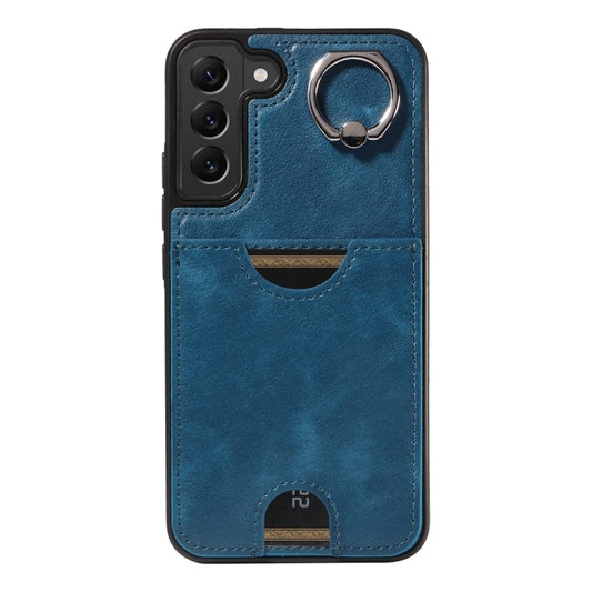 For Samsung Galaxy S22+ 5G Calf Texture Card Slot Ring Holder Phone Case(Blue) - Galaxy S22+ 5G Cases by buy2fix | Online Shopping UK | buy2fix