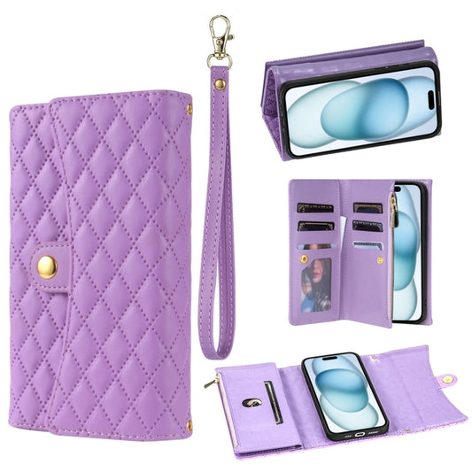 For iPhone 15 Plus Zipper Multi-Card Wallet Rhombic Leather Phone Case(Purple) - iPhone 15 Plus Cases by buy2fix | Online Shopping UK | buy2fix
