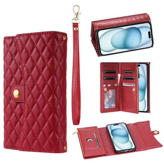For iPhone 15 Plus Zipper Multi-Card Wallet Rhombic Leather Phone Case(Red) - iPhone 15 Plus Cases by buy2fix | Online Shopping UK | buy2fix