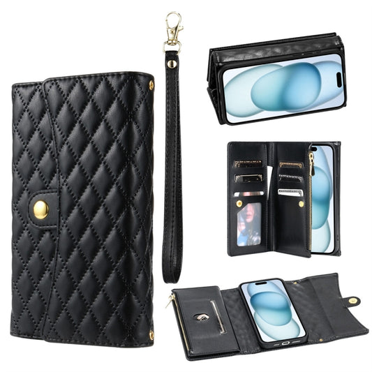 For iPhone 15 Zipper Multi-Card Wallet Rhombic Leather Phone Case(Black) - iPhone 15 Cases by buy2fix | Online Shopping UK | buy2fix