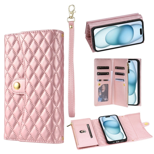 For iPhone 15 Zipper Multi-Card Wallet Rhombic Leather Phone Case(Rose Gold) - iPhone 15 Cases by buy2fix | Online Shopping UK | buy2fix