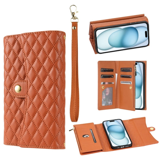 For iPhone 15 Zipper Multi-Card Wallet Rhombic Leather Phone Case(Brown)