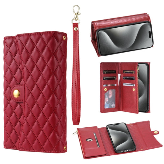 For iPhone 14 Pro Zipper Multi-Card Wallet Rhombic Leather Phone Case(Red) - iPhone 14 Pro Cases by buy2fix | Online Shopping UK | buy2fix