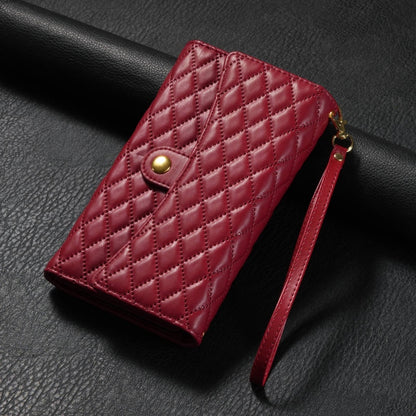 For iPhone 14 Pro Zipper Multi-Card Wallet Rhombic Leather Phone Case(Red) - iPhone 14 Pro Cases by buy2fix | Online Shopping UK | buy2fix