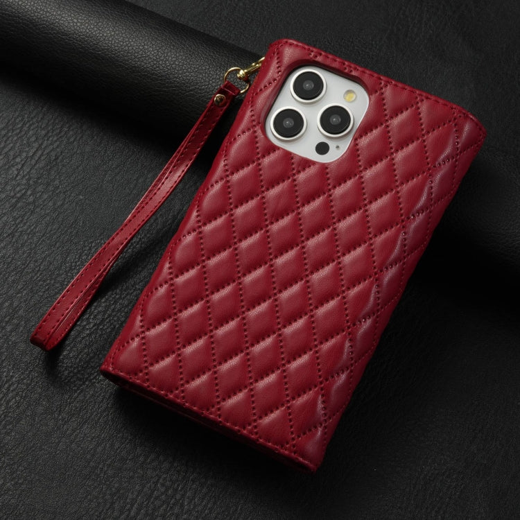 For iPhone 14 Pro Zipper Multi-Card Wallet Rhombic Leather Phone Case(Red) - iPhone 14 Pro Cases by buy2fix | Online Shopping UK | buy2fix