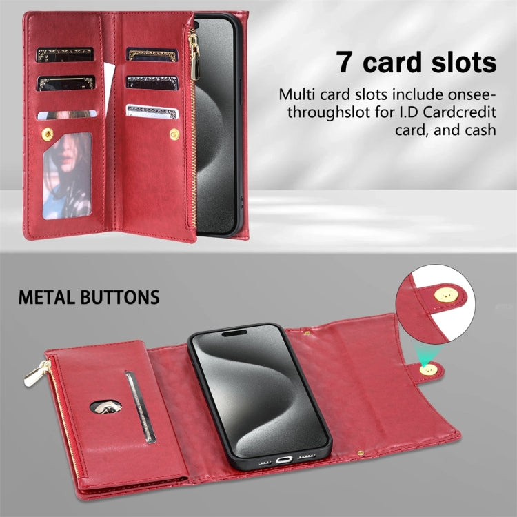 For iPhone 14 Pro Zipper Multi-Card Wallet Rhombic Leather Phone Case(Red) - iPhone 14 Pro Cases by buy2fix | Online Shopping UK | buy2fix