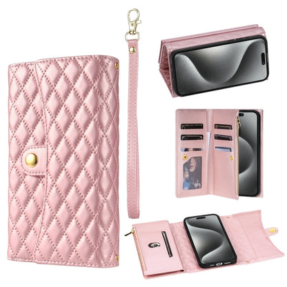 For iPhone 14 Pro Zipper Multi-Card Wallet Rhombic Leather Phone Case(Rose Gold) - iPhone 14 Pro Cases by buy2fix | Online Shopping UK | buy2fix